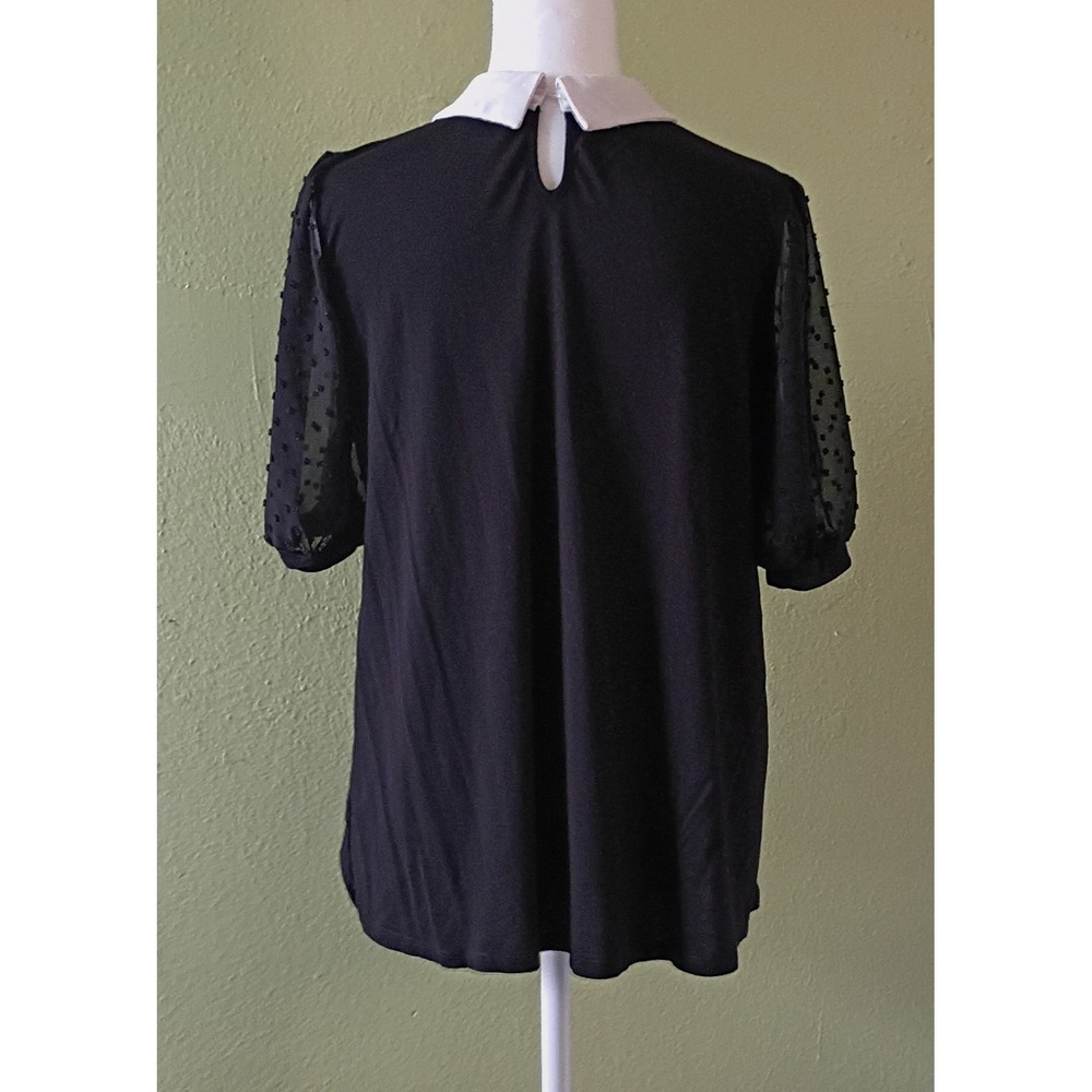 Dark Moody Office Siren Abstract Print Blouse Swiss Dot Collar Top Black White L - Picture 6 of 7